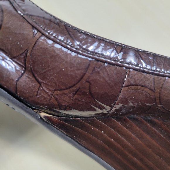 Coach Poppy Jaden Brown Wedge Open Peep Toe Pumps Shoes Sz 5.5 B - Picture 11 of 12